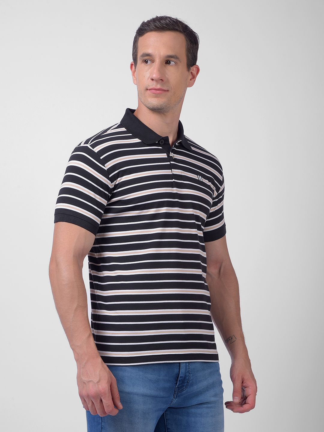 Numero Uno Men Black Stripes Polo Neck T-Shirt